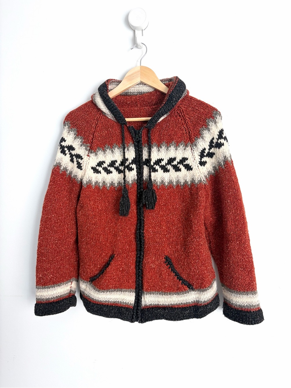 Vintage 1970s Hand Knit Wool Hooded Cowichan Style Zip Up - Size S - Picture 2 of 6